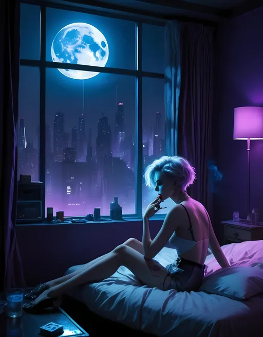 Prompt: “A woman with white short, messy hair lies on her back on a bed, facing a large window with curtains partly drawn, in a dimly lit, futuristic city apartment at night. She is smoking a cigarette, and the smoke drifts lazily towards a large, eerie full moon that appears in the sky outside the window. The moon has a skull-like pattern, giving it a haunting, surreal appearance. The room is illuminated by the blue and purple glow of neon lights from the cityscape below, casting soft, cool-toned shadows across the scene. Scattered around her are a few items, including a glass of liquor her Favorite “blue label Jonny Walker” with a diamond shape ice, a pack of cigarettes, and some small objects. The atmosphere is melancholic and contemplative, blending cyberpunk elements with a dreamy, otherworldly vibe.”