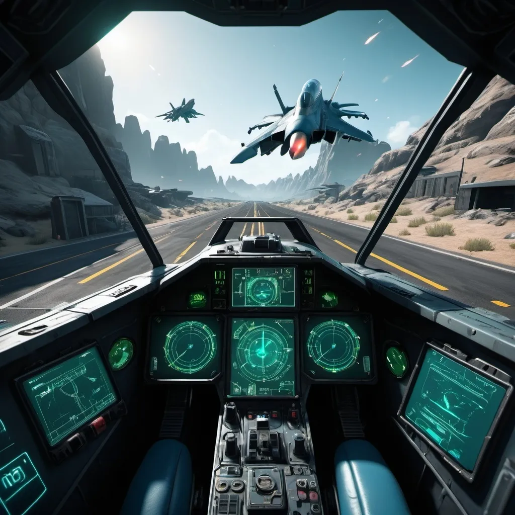 Prompt: fps game with HUD user interface, jet fighter,UI hud