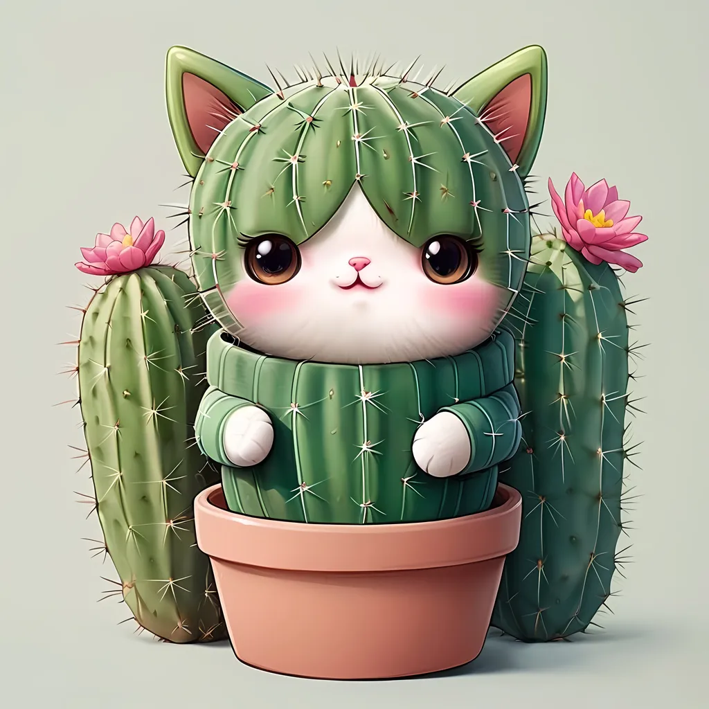 Prompt: cute kawaii drawing cat disguise as cactus