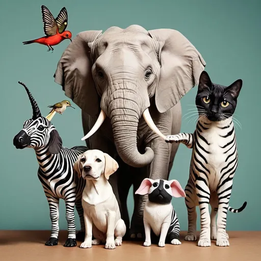 Prompt: an elefant holding a zebra holding a labrador dog holding a cat holding a mouse holding a hummingbird