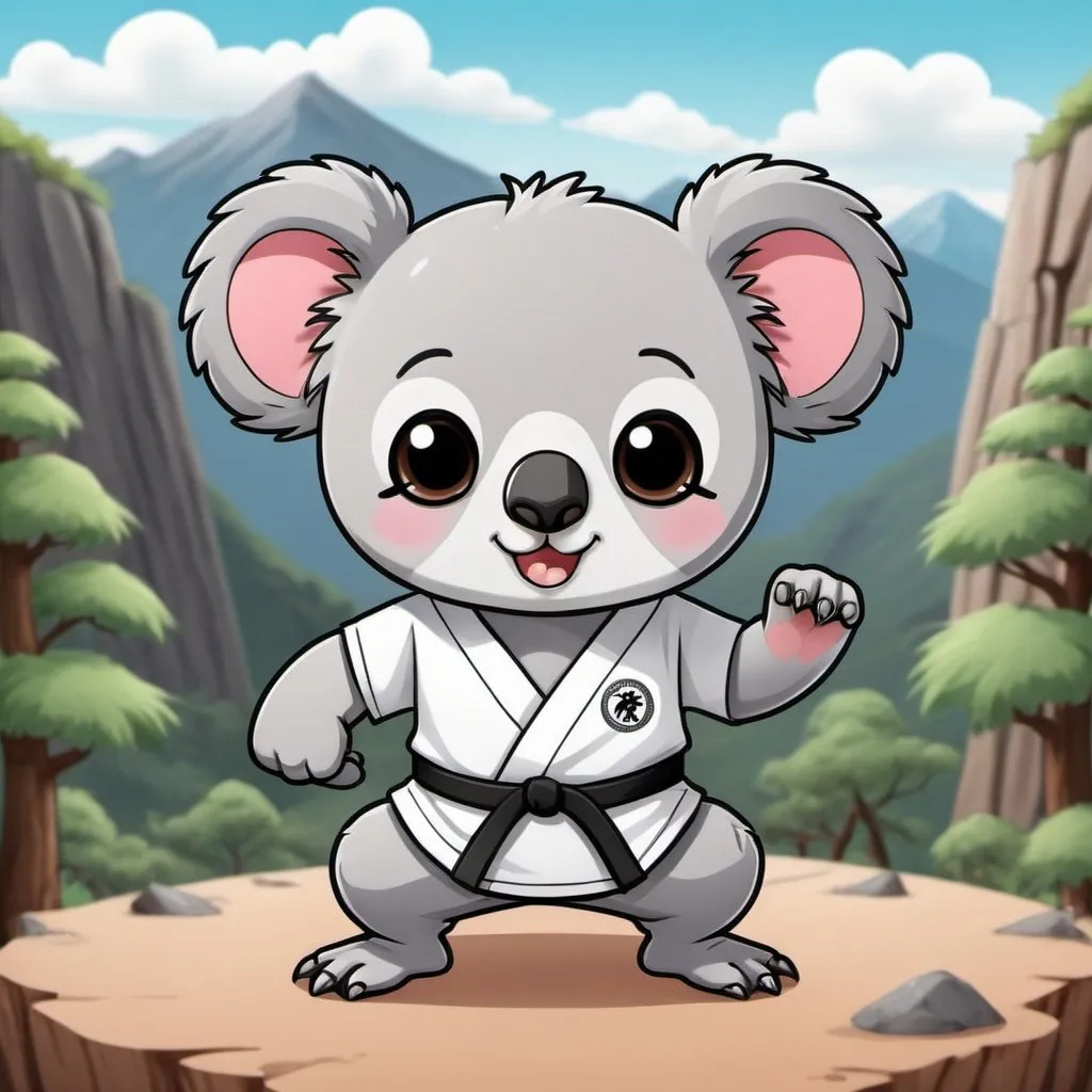 Prompt: cute karate koala 2d kawaii with mountians in background