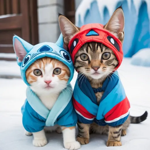 Prompt: kittens dressed as lilo and stitch on frozen palace