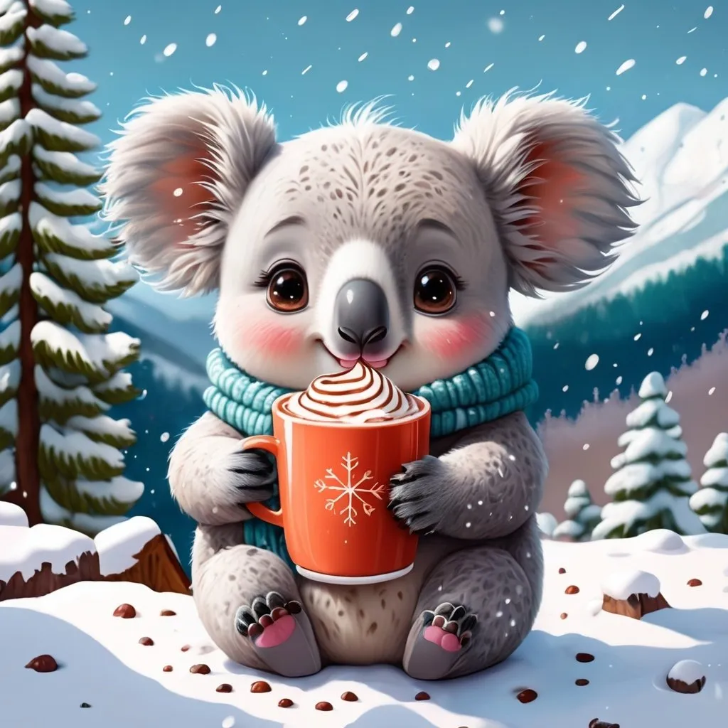 Prompt: cute kawaii koala in winter drinking a hot chocolate in the snowing mountain