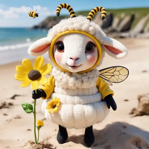 Prompt: realistic a bee dressed as a sheep in the beach with a flower 