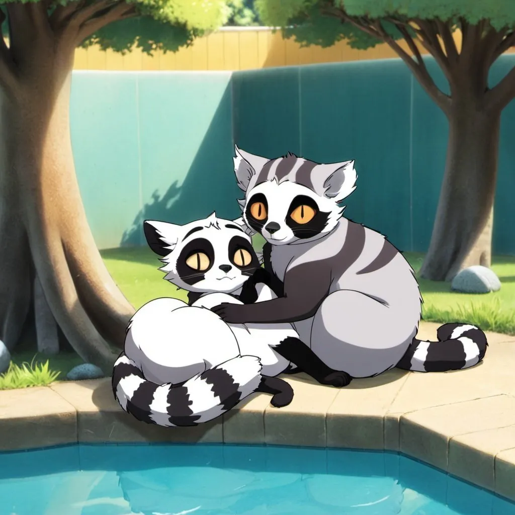 anime cute in love lemur and cat laying together un...