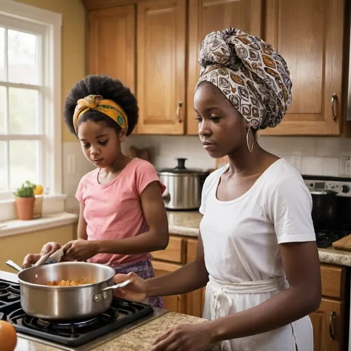 Prompt: a 14  year old girl who is african 
american  with an afro hair style enters her kitchen and sees her mother, who is 38 years old and wearing a head covering, cooking at the stove. The mother has an african head wrap on her head. The daughter is not cooking. 