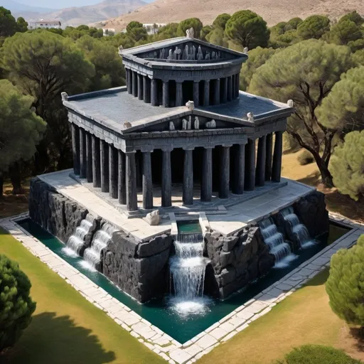 Prompt: The temple made of black granite with natural water feature of a greek goddess named Lorenza chiseled in the front. Beautiful, scenic, mighty