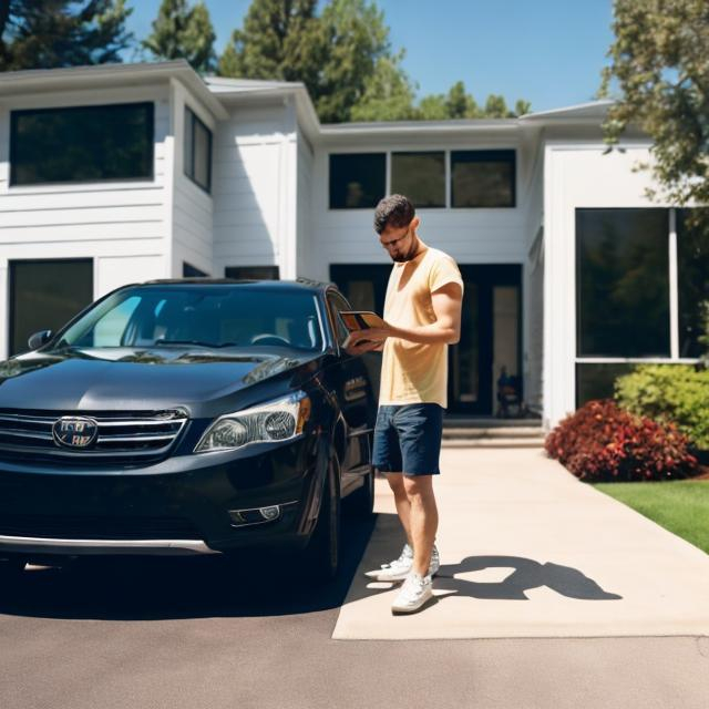 Prompt: man walking up to his car while on his phone in driveway