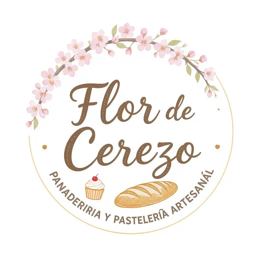 Prompt: Featuring a charming circular design, the logo for "Flor de Cerezo" radiates a warm and inviting aesthetic, ideal for a bakery and pastry shop. Delicate pink cherry blossoms arch gracefully across the top, adding a touch of nature’s beauty. The name "Flor de Cerezo" is elegantly scripted in a flowing font, conveying a sense of artisanal craft. Below, in a more straightforward typeface, it specifies "Panadería y Pastelería Artesanal," indicating its focus on handmade baked goods. The inclusion of playful illustrations of a cupcake and a loaf of bread enhances the logo’s appeal, evoking a delightful sense of sweetness and tradition.