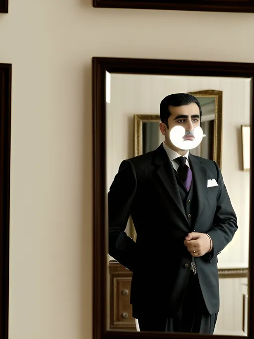 Prompt: a man in a suit and tie standing in a room with a mirror behind him and looking off to the side, Abdullah Gërguri, qajar art, professional photo, a portrait