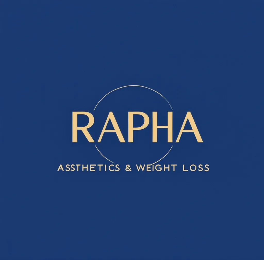 Prompt: color scheme blue and gold 
logo for aesthetics 
RAPHA bolded 
aesthetics and weight loss 
circle form 
more like a med spa
girly 
feminine
RAPHA cursive with aesthetics and weight loss bolded 