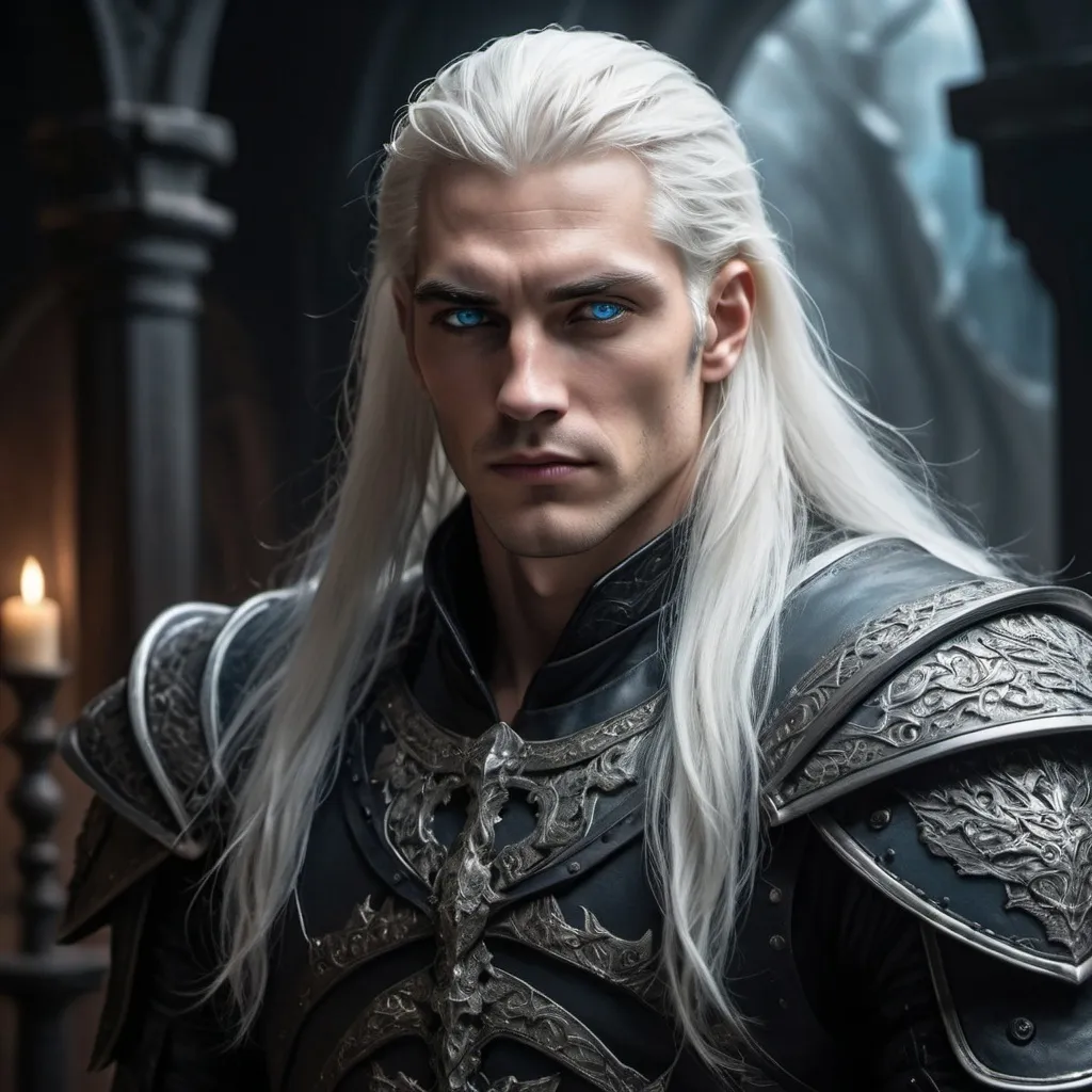 Prompt: Tall and broad male figure, clad in dark leather armor (detailed textures, imposing design), long straight white hair, icy blue eyes (intense gaze), dramatic lighting casting shadows, evocative atmosphere, mystical setting with a hint of danger, highly detailed elements, enchanting background elements, rich depth, ultra-detailed, 4K quality. make him look a little bit younger like late 20s early 30s
