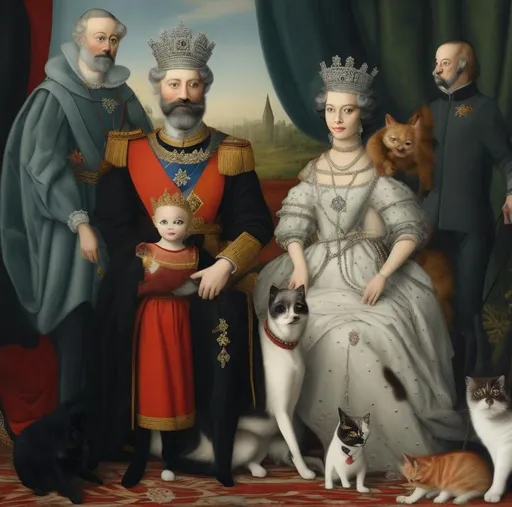 Prompt: Royal family portrait with two dogs and a cat
