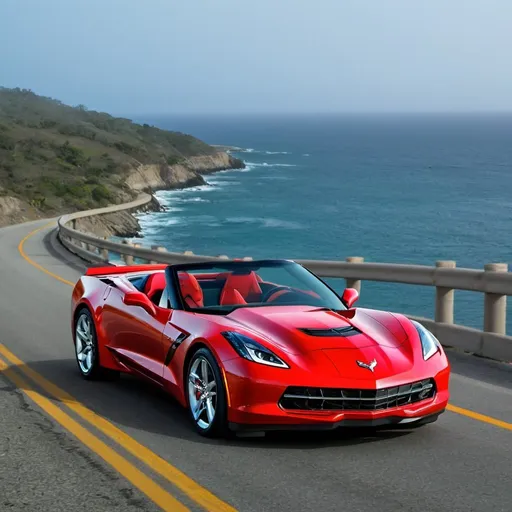 Prompt: A red corvette on a road that overlooks the ocean
