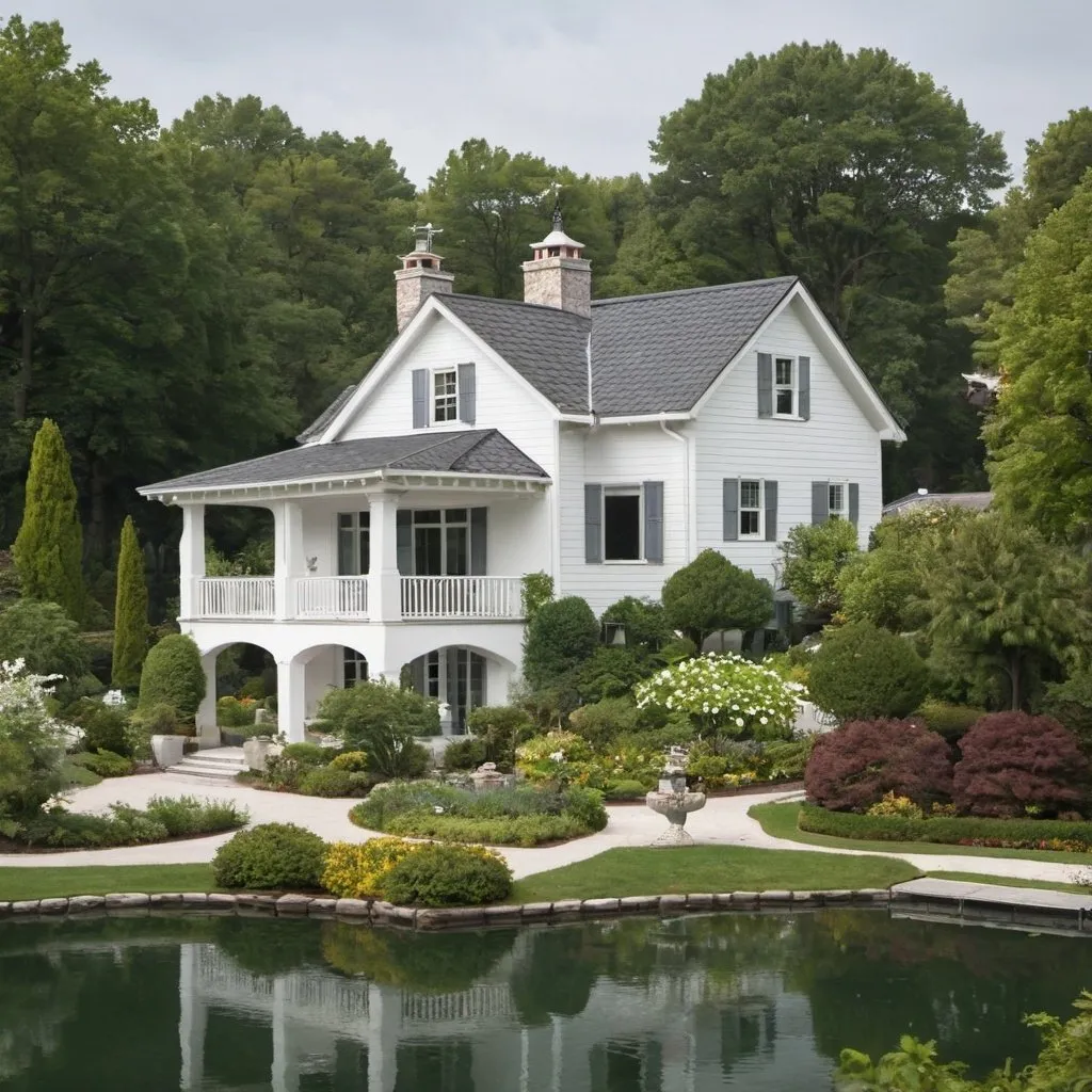 Prompt: A white one story house with a gray roof. Gardens and a lake around the house. 