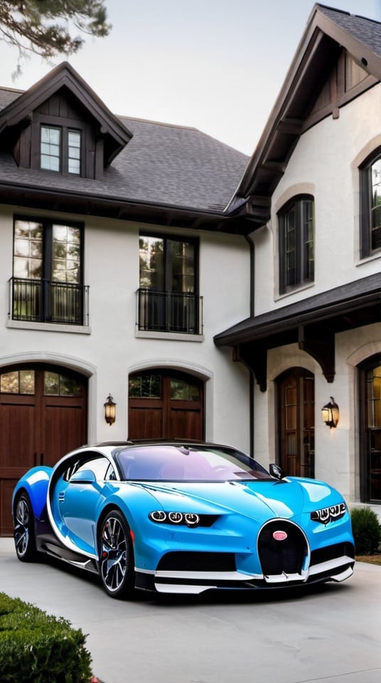 Prompt: A Bugatti Chiron in the driveway of a beautiful two-story house.