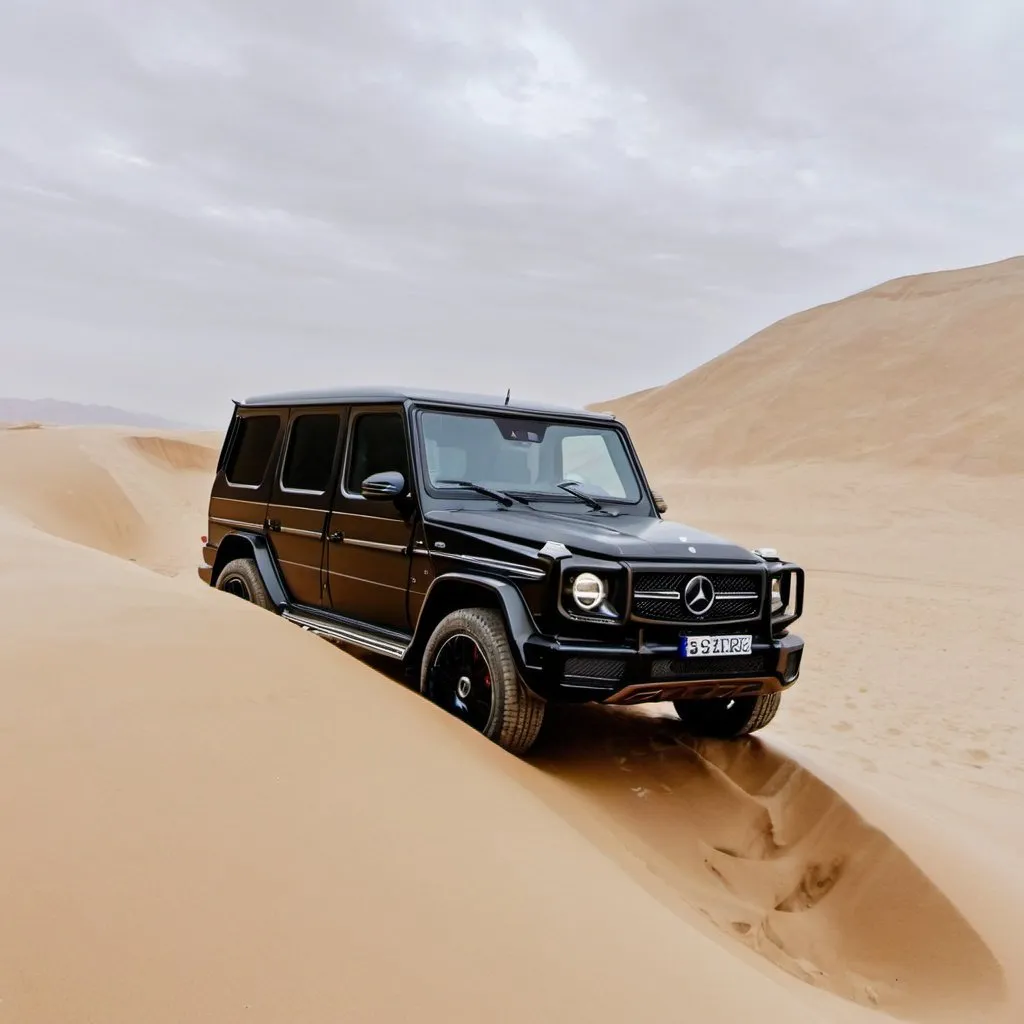 Prompt: A Mercedes G wagon on a sand dune in the desert
