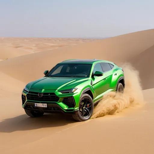 Prompt: A green Urus on a sand dune in the desert

