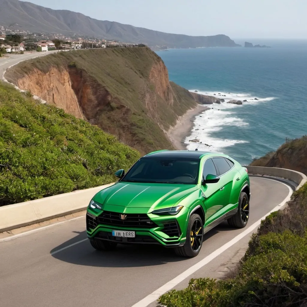 Prompt: A green Urus on a road on a cliff that overlooks the ocean
