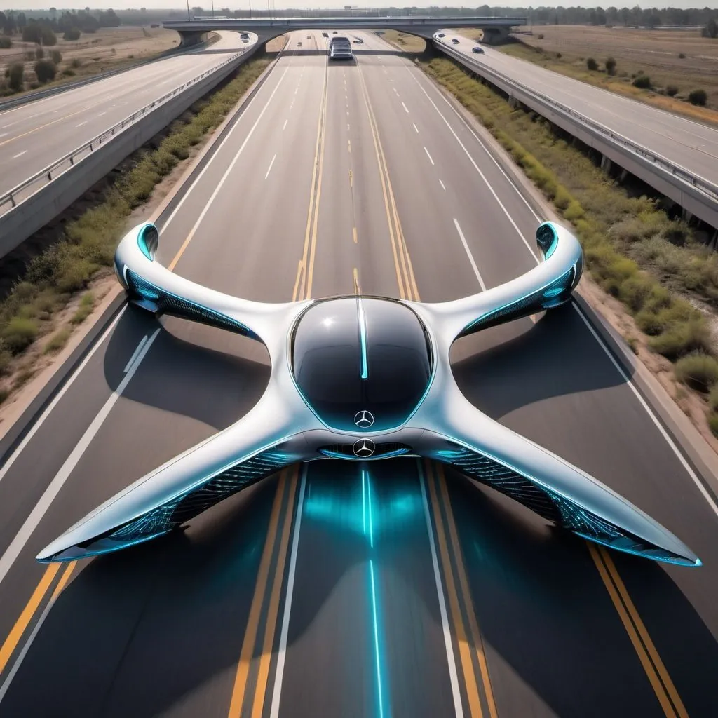 Prompt: A Mercedes Vision AVTR on a 4-lane interstate from an aerial view
