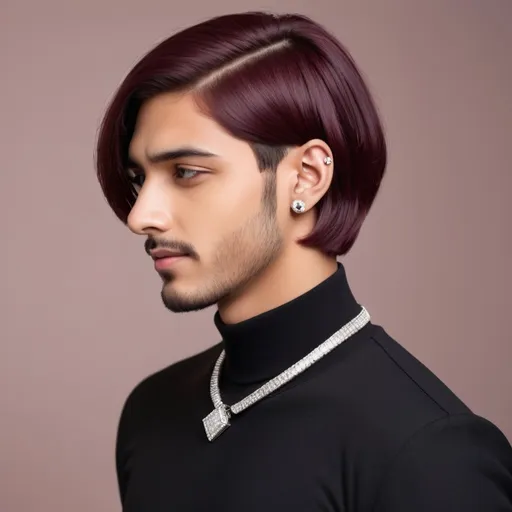 Prompt: A cute young handsome guy in chic bob haircut upto neck. His hair colour is burgundy. He is wearing diamond studs. 