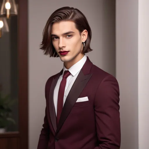 Prompt: A young handsome guy standing in long chic bob haircut in burgundy colour. He is wearing red lipstick. He is wearing earrings. He is wearing slip. He is wearing pencil heels 