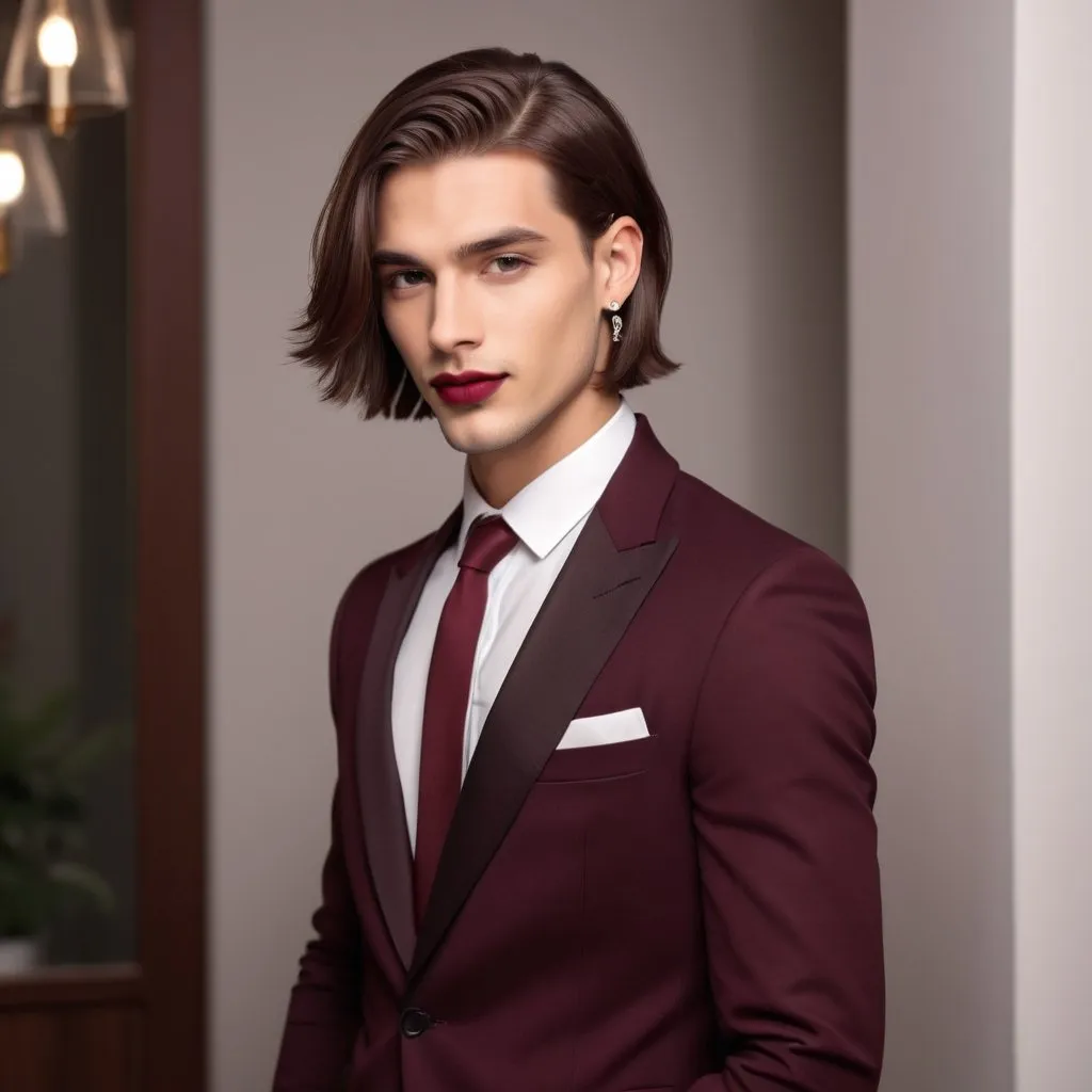 Prompt: A young handsome guy standing in long chic bob haircut in burgundy colour. He is wearing red lipstick. He is wearing earrings. He is wearing slip. He is wearing pencil heels 