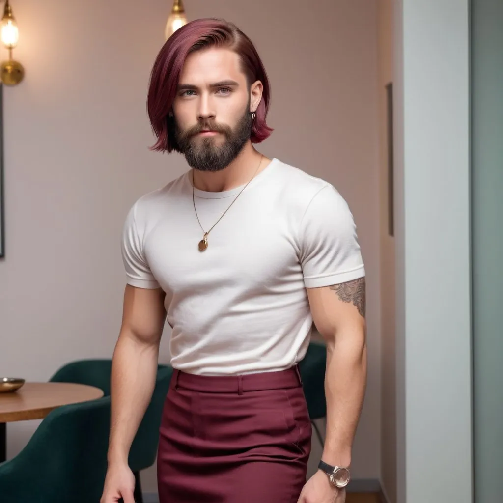 Prompt: A young handsome bearded guy in short tight skirt. He has long chic bob haircut. Bis hair colour is burgundy. He is wearing earrings 