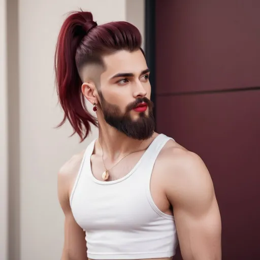 Prompt: Young handsome  bearded guy wearing crop top in high ponytail medium long burgundy hairstyle. He is wearing earrings. He is wearing red lipstick. He is wearing crop top 