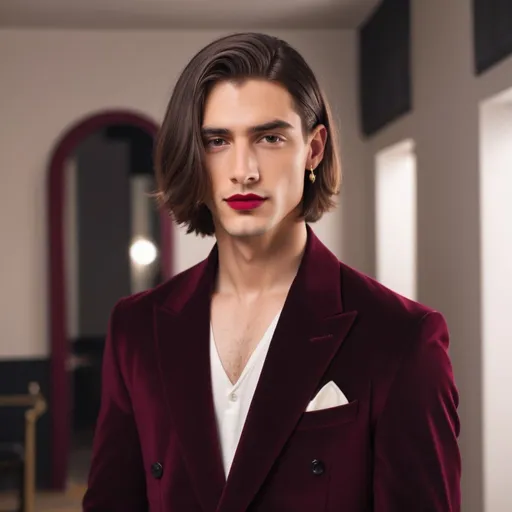 Prompt: A young handsome guy standing in long chic bob haircut in burgundy colour. He is wearing red lipstick. He is wearing earrings. He is wearing slip