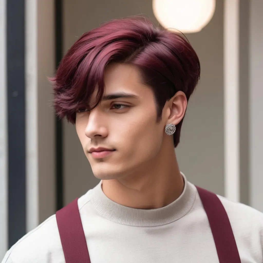 Prompt: A young handsome guy in chic bob haircut upto chin. His hair colour is burgundy. He is wearing earrings 