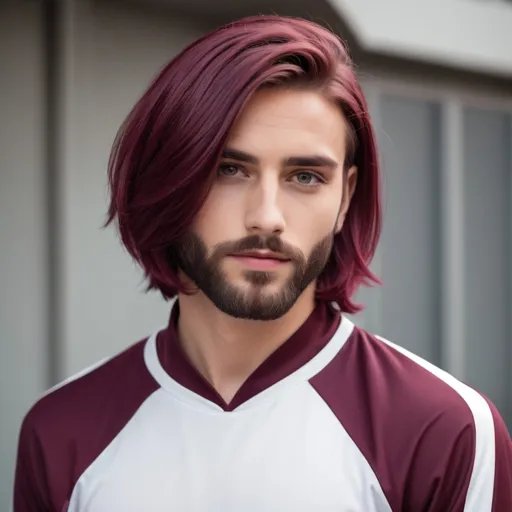 Prompt: A young handsome bearded guy in long chic bob hairstyle burgundy hair colour. He is wearing cheerleader outfit 