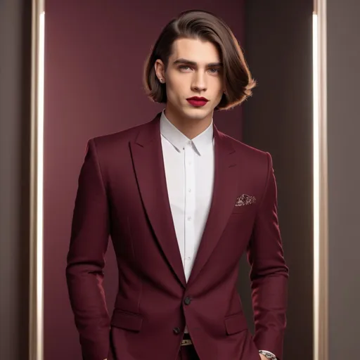 Prompt: A young handsome guy standing in long chic bob haircut in burgundy colour. He is wearing pencil heels. He is wearing red lipstick. He is wearing earrings.