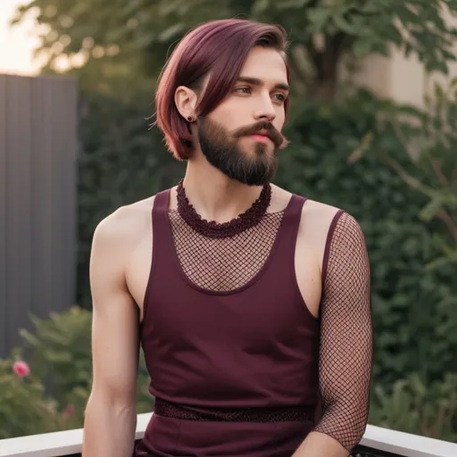 Prompt: A young handsome bearded guy in sundress . He has long chic bob haircut. Bis hair colour is dark burgundy. He is wearing earrings . He is wearing lipstick. He is wearing fishnet stockings 