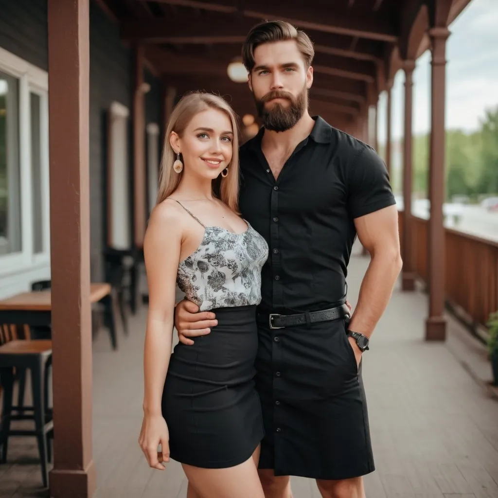 Prompt: A young handsome bearded guy in sundress . He is wearing earrings. He is wearing tight black skirt . He is standing with his dominanting girlfriend 