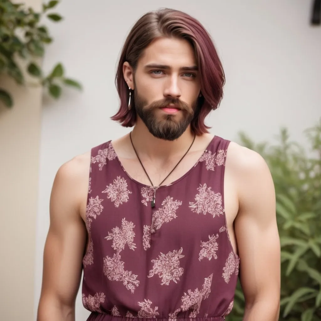 Prompt: A young handsome bearded guy in sundress . He has long chic bob haircut. Bis hair colour is burgundy. He is wearing earrings . He is wearing lipstick 