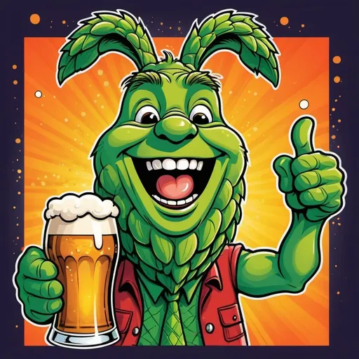 Prompt: Comic-style illustration of a happy human hop cone holding a beer, vibrant colors, lively and cheerful expression, detailed hop texture, frothy beer, high quality, comic, hop cone, beer, vibrant colors, detailed texture, frothy, cheerful, lively expression