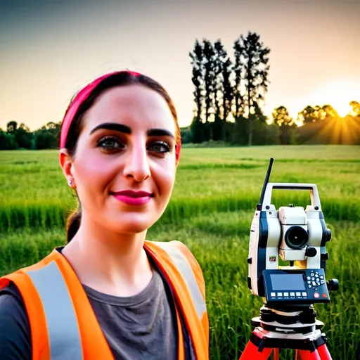 Prompt: At sunset, two professionals stand in a field, slightly backlit. The male surveyor wears a fluorescent green vest, white helmet, and sunglasses, holding a detailed drone controller. The female HSE expert (25–30) wears a red vest, red helmet, gray shirt, and sunglasses, standing beside a Leica TS06 total station. Their faces are faintly visible in the warm golden light.
