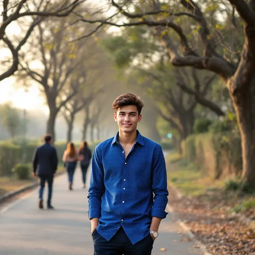 Prompt: Standing confidently on a roadside, a young man captivates with his stylish blue patterned shirt and dark trousers, embodying a relaxed yet fashionable aura. The backdrop features a tranquil, tree-lined avenue during what appears to be late afternoon, with fading light casting a warm glow over the scene. Dormant branches stretch overhead, hinting at early signs of spring as vibrant greenery peeks through. A winding path directs the eye towards two people casually strolling in the distance, while the interplay of light and shadow creates a serene, inviting atmosphere. The entire composition exudes a sense of calm and leisure, capturing a moment of youthful confidence amid nature’s beauty.