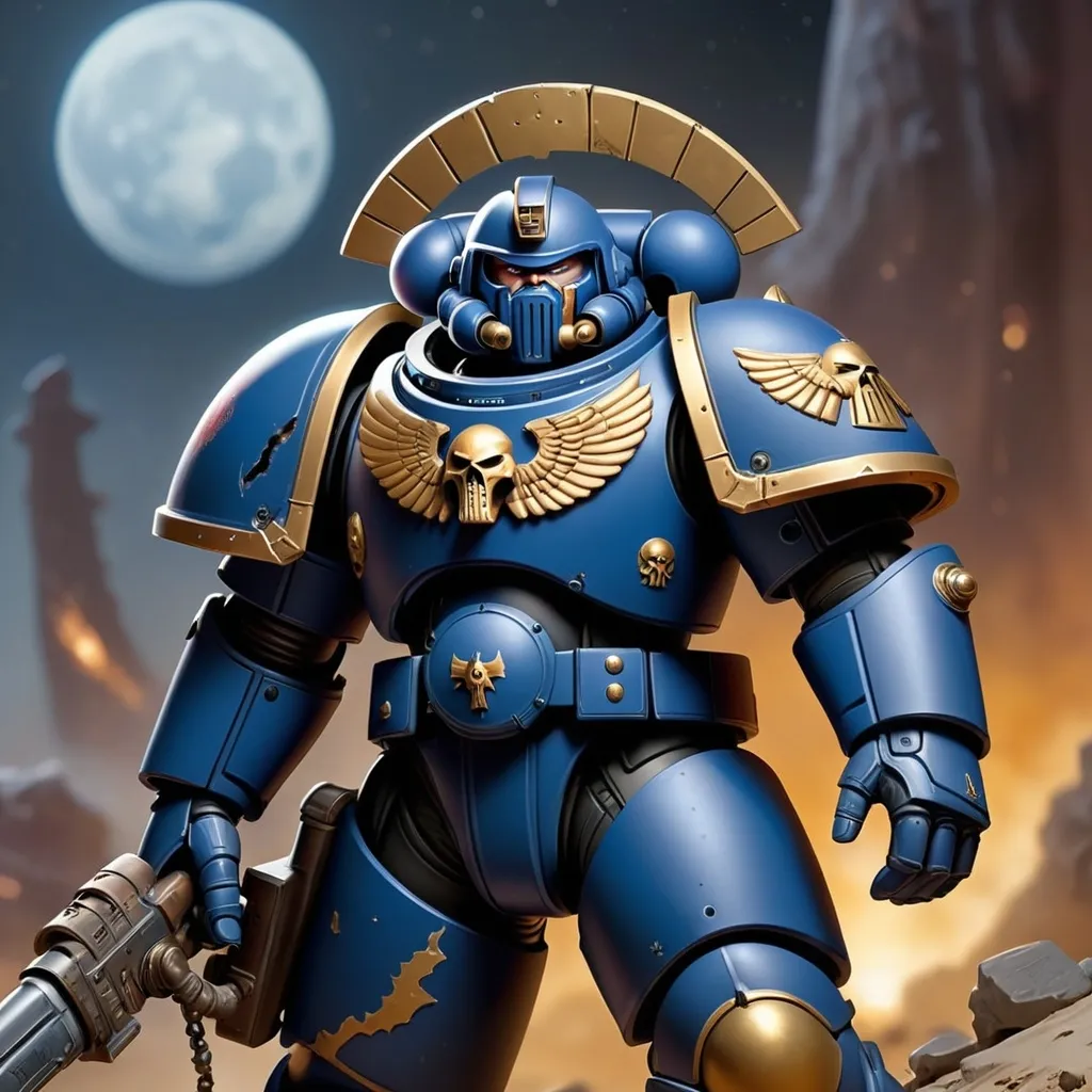 Prompt: "Create a series of web designs for a WebQuest focused on Space Marines, set in the distant planet of Dallax Primus. The designs should include visually striking and heroic imagery of Space Marines in their iconic armor, banners, and symbols of the Imperium. Incorporate a historical and artistic theme, showing the Artisans creating armor and banners for the Space Marines. Highlight a sacred, ancient atmosphere with a focus on a newly discovered Space Marine miniature that needs to be restored. Use elements that evoke a sense of honor, duty, and artistic mastery. The color palette should be bold, with deep metallic tones, royal blues, and golds to emphasize the grandeur of these warriors and their legacy. The design should guide users through their journey of learning painting techniques, all while honoring the rich history of the Space Marines and their role as defenders of humanity."
one marine in black