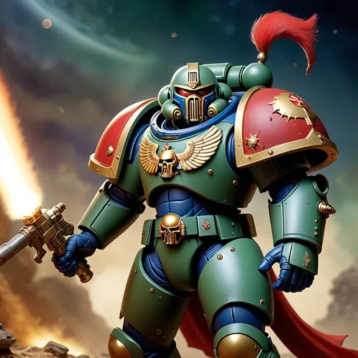 Prompt: "Create a series of web designs for a WebQuest focused on Space Marines, set in the distant planet of Dallax Primus. The designs should include visually striking and heroic imagery of Space Marines in their iconic armor, banners, and symbols of the Imperium. Incorporate a historical and artistic theme, showing the Artisans creating armor and banners for the Space Marines. Highlight a sacred, ancient atmosphere with a focus on a newly discovered Space Marine miniature that needs to be restored. Use elements that evoke a sense of honor, duty, and artistic mastery. The color palette should be bold, with deep metallic tones, royal blues, and golds to emphasize the grandeur of these warriors and their legacy. The design should guide users through their journey of learning painting techniques, all while honoring the rich history of the Space Marines and their role as defenders of humanity."
one marine in red and another in green