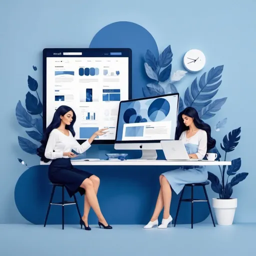 Prompt: Mini make and female people developing a website in shades of blue 