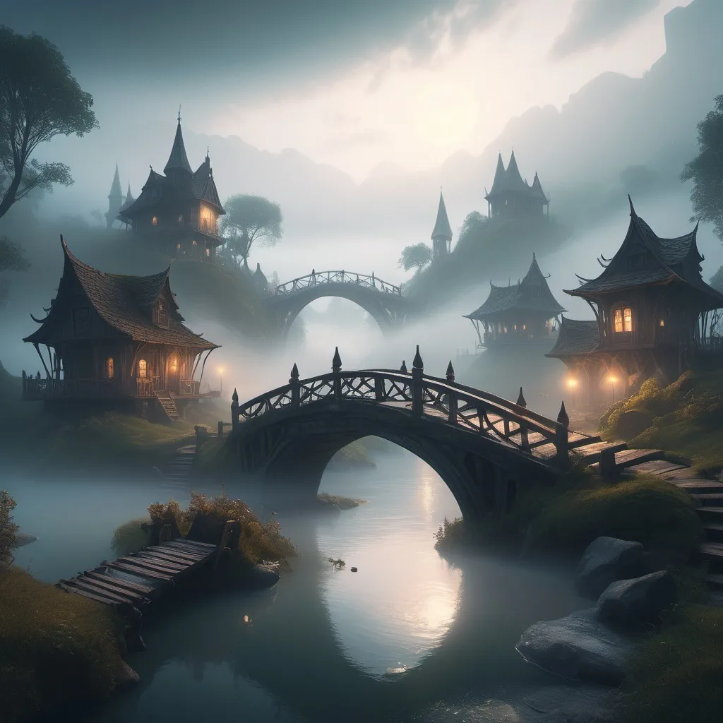 Prompt: small settlement, foggy, bridge and river, dramatic fantasy settlement scene, cinematic lighting
