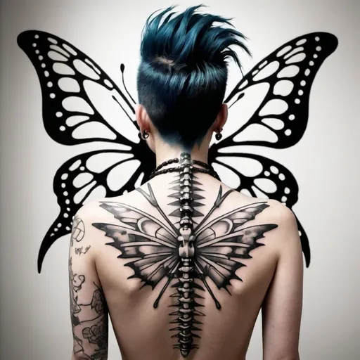 Prompt: "punkrock" buterfly skeleton  with mohawk tattoo
back and white 