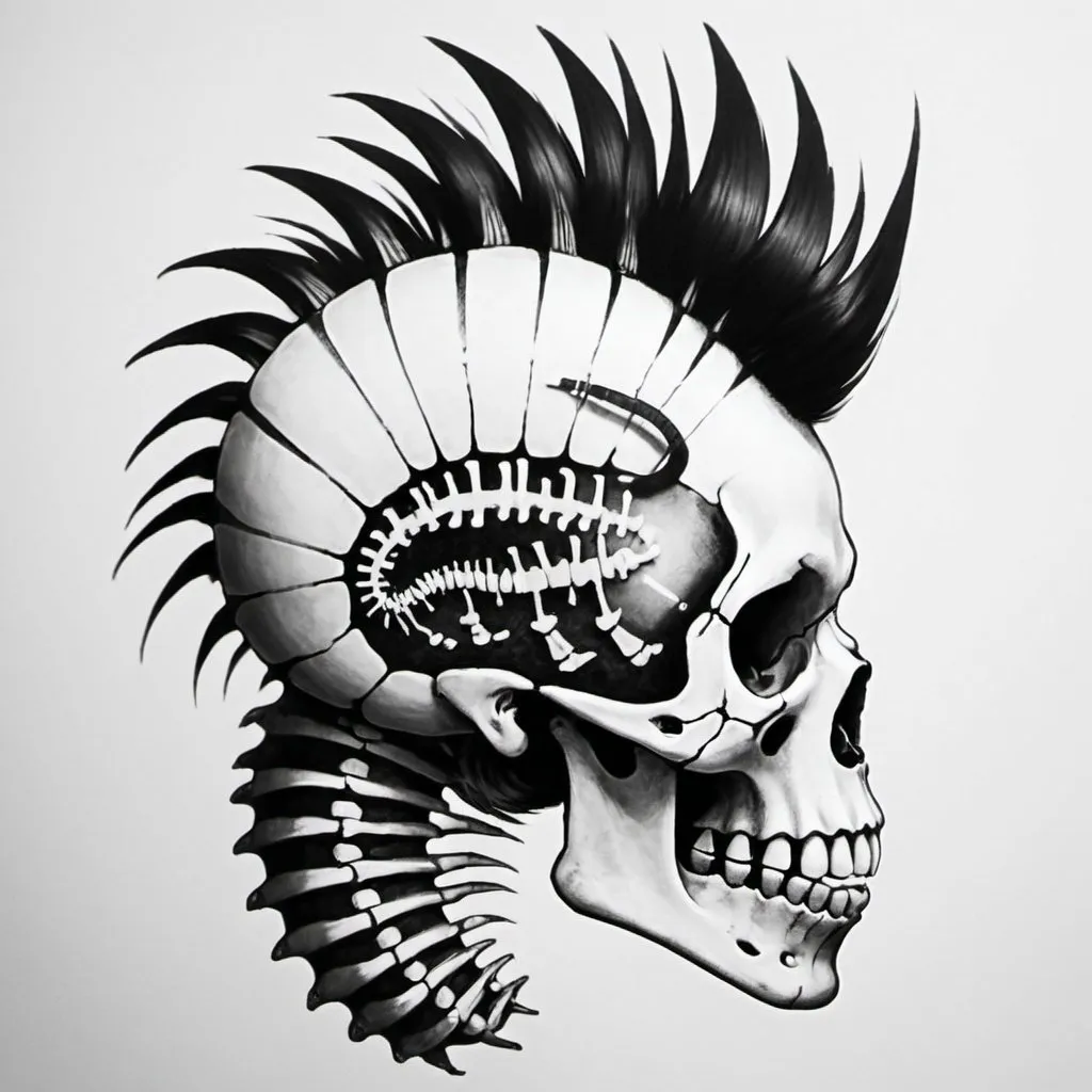 Prompt: "punkrock" caterpillar skeleton  with mohawk tattoo
back and white 