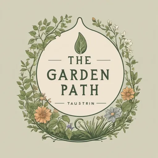 Prompt: Create a logo for a company named 'The Garden Path,' which specializes in nature-inspired apparel for gardening enthusiasts. The design should feature a serene and inviting garden path winding through lush greenery and blooming flowers, with subtle, earthy tones. Incorporate elements like a trowel, watering can, or a pair of gardening gloves to highlight the gardening theme, and use a classic, elegant font that appeals to a mature audience. The overall style should evoke a sense of peace, growth, and connection to nature.