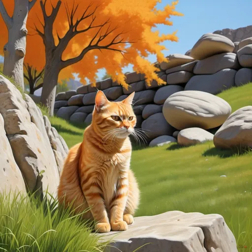 Prompt: a cat sitting in the grass near a tree and a rock wall in the background, with a tree in the foreground, Carlos Catasse, photorealism, orange, a stock photo