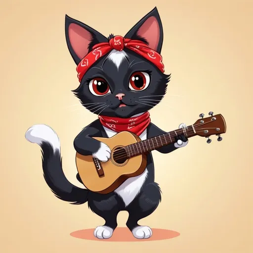 Prompt: A female tuxedo cat with a black face, big ears, big eyes, wearing a red bandana and is playing a guitar
