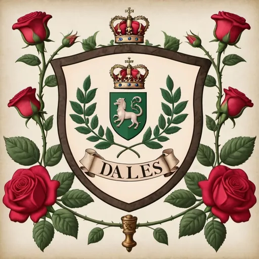 Prompt: The word  DALES surrounded with roses and a family crest
