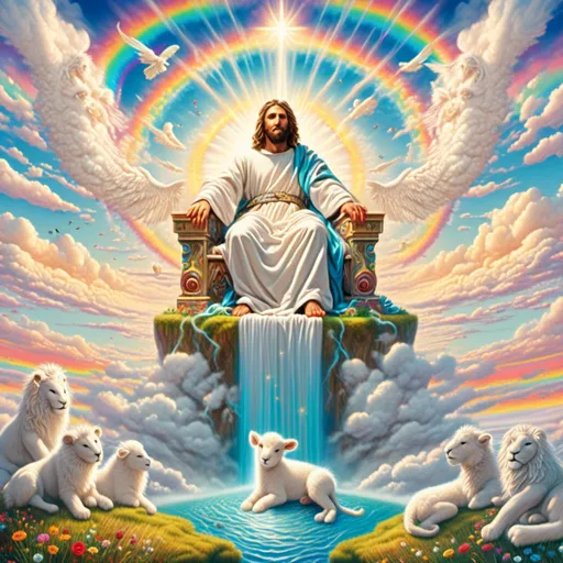 Prompt: <mymodel> Synthetic Landscapes, High-quality, heavenly illustration Jesus on throne, with lion and lamb, soft clouds, joyful smile, heavenly rays of light, detailed fur with soft highlights, angelic, heavenly, cute, white, rainbow river flowing at his fee, joyous, high quality, detailed, heavenly light